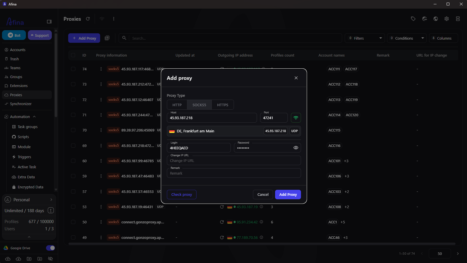 Adding and checking a proxy in an Afina account