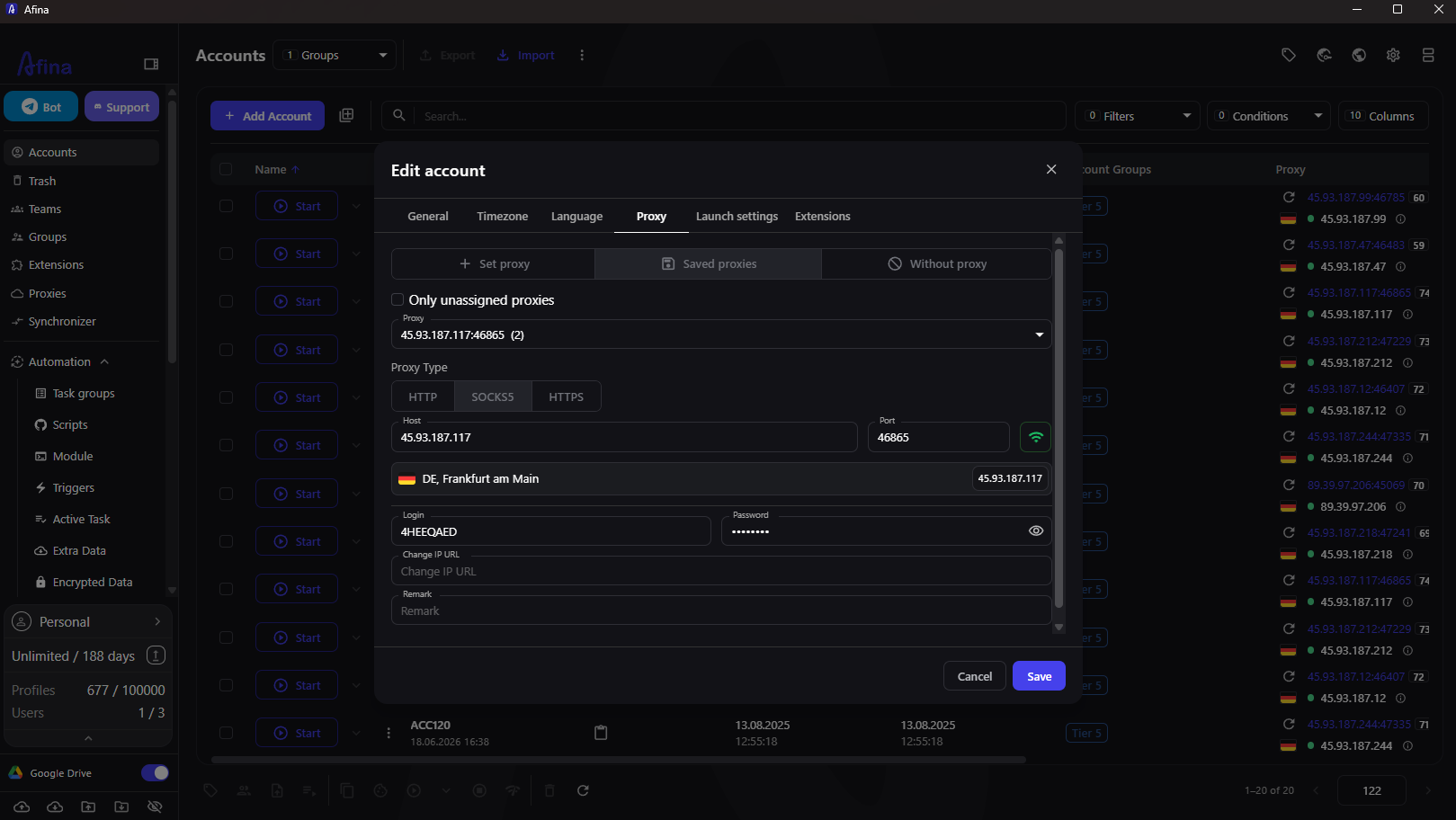 Proxy fields inside an Afina account